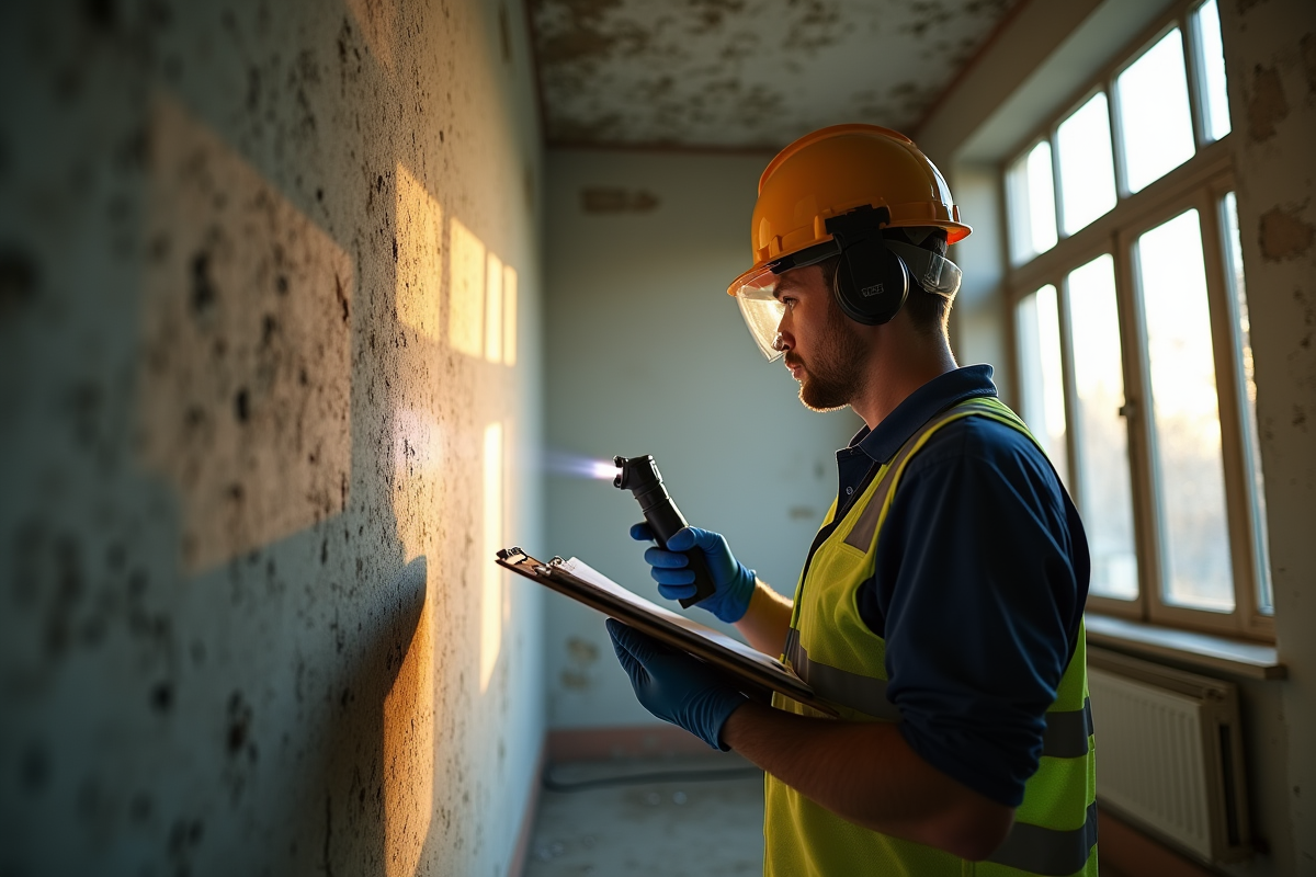 Professionnel en équipement de protection inspectant un mur ancien