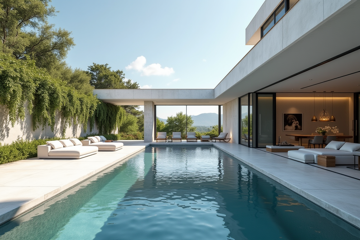 Intérieur moderne avec piscine intégrée et grandes fenêtres