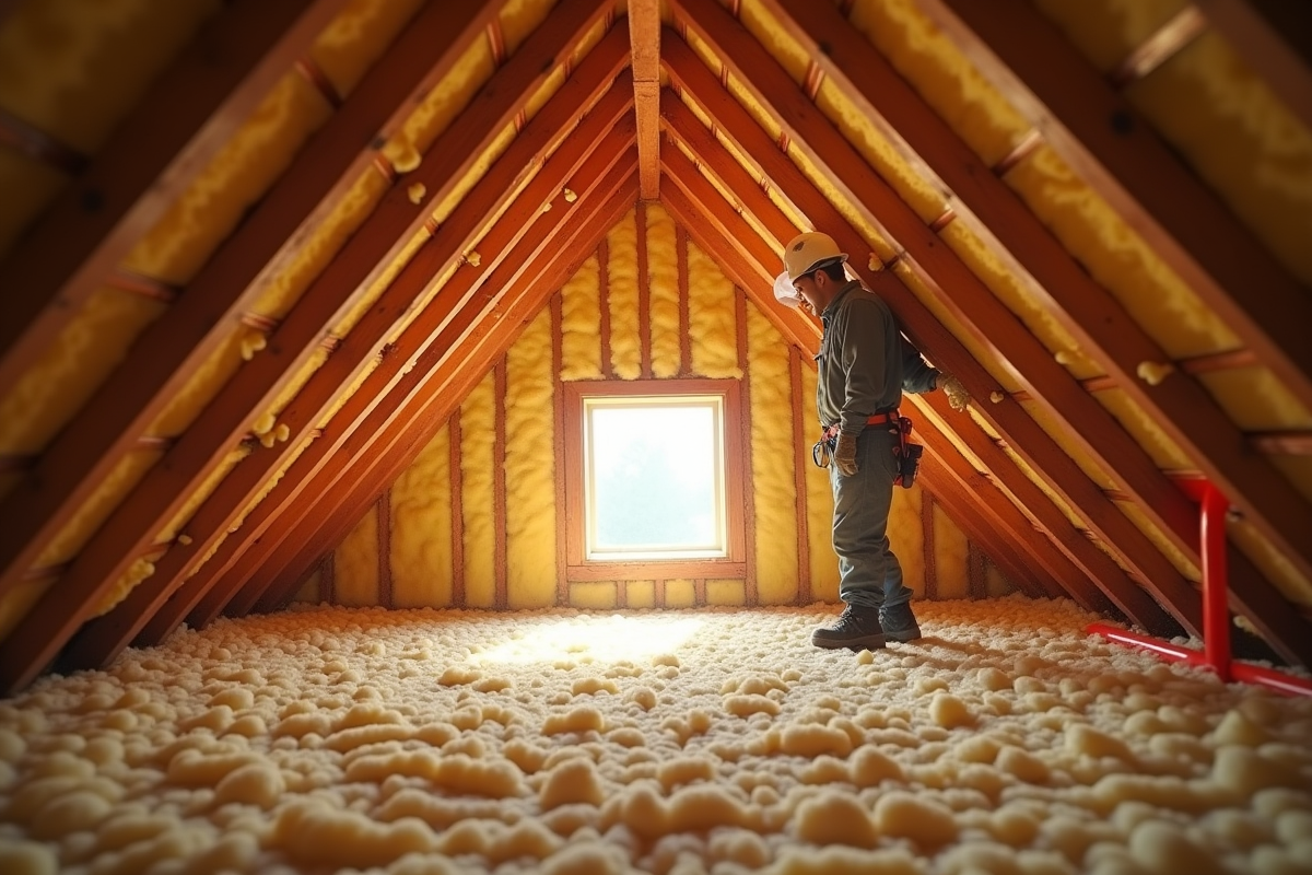 Isolation des combles avec laine minerale un ouvrier en protection