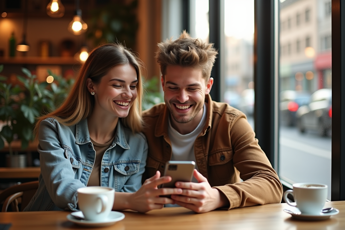 Jeune couple souriant utilisant une application immobiliere dans un café