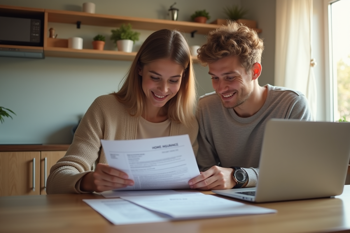 Jeune couple examinant documents d'assurance maison