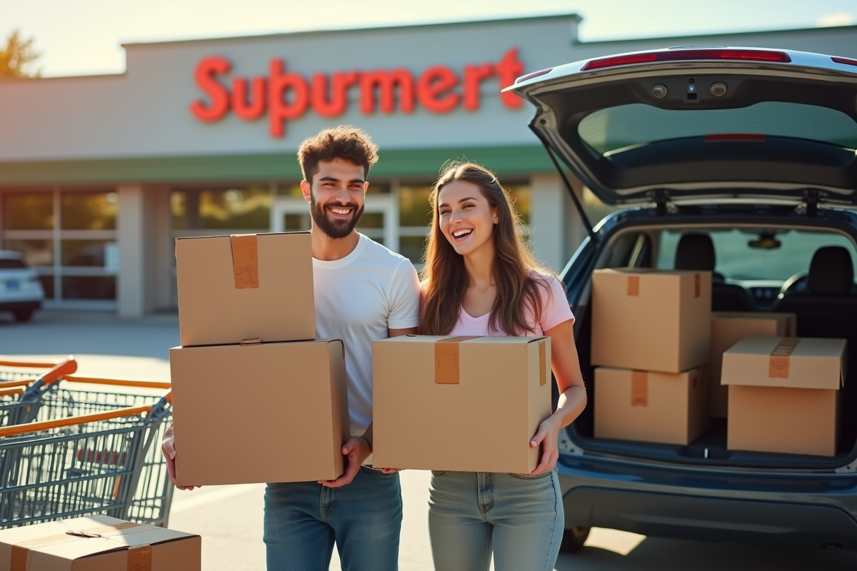 Jeune couple souriant récupérant des cartons dehors