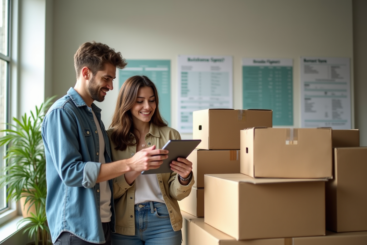 Jeune couple compare des prix sur une tablette dans un bureau lumineux