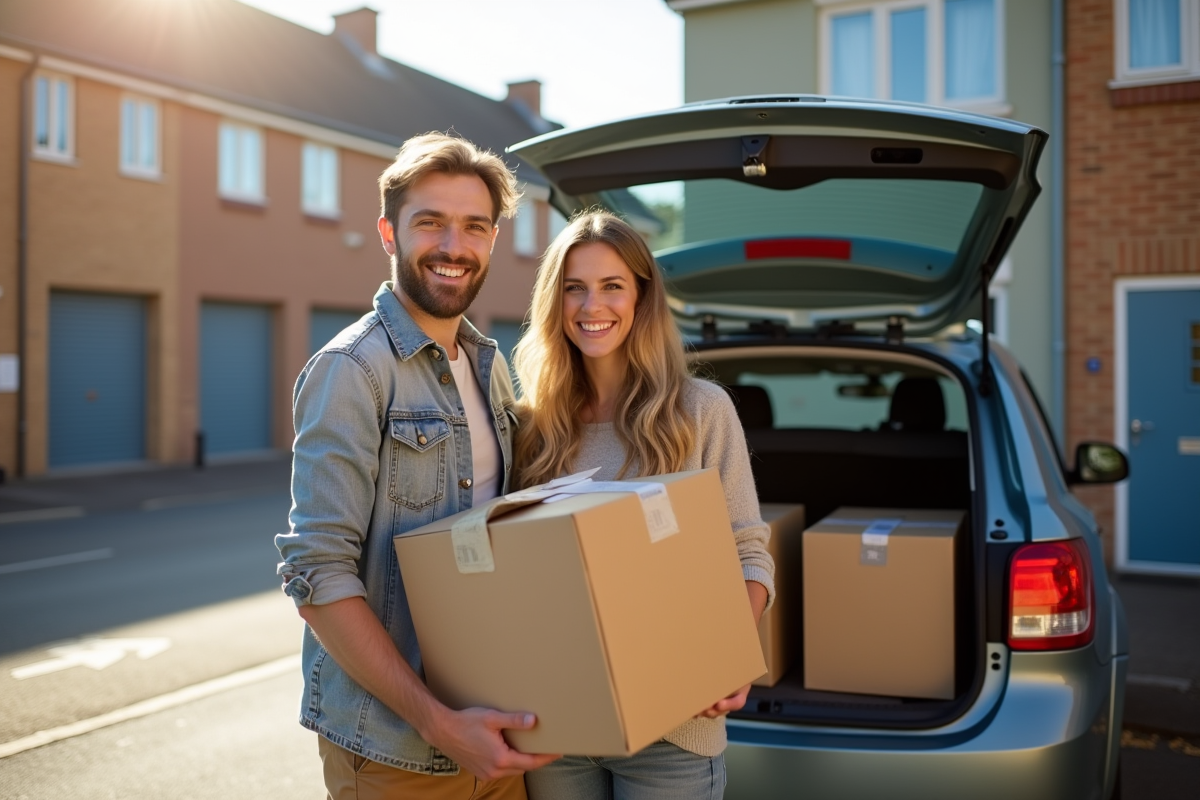 Jeune couple déchargeant des cartons dans un selfstorage en Angleterre