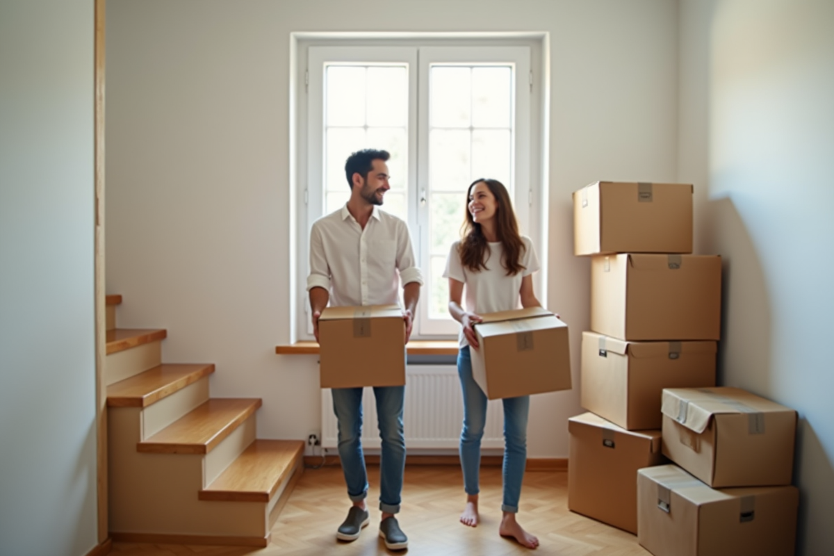 Jeune couple portant des cartons dans leur nouvel appartement