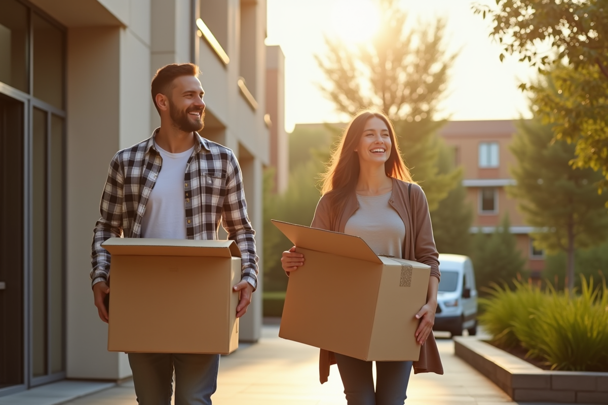 Jeune couple souriant sortant d un appartement lumineux