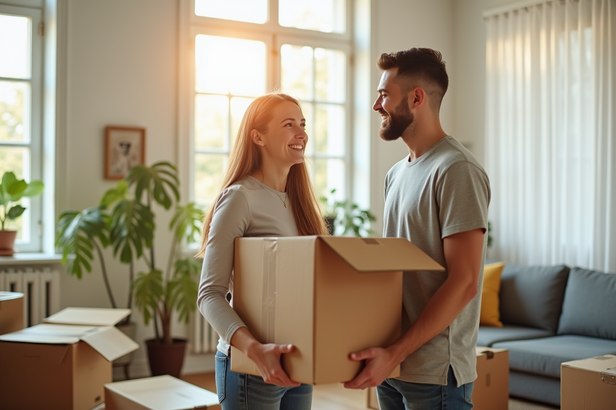 Jeune couple souriant dans un appartement lumineux lors d'un déménagement