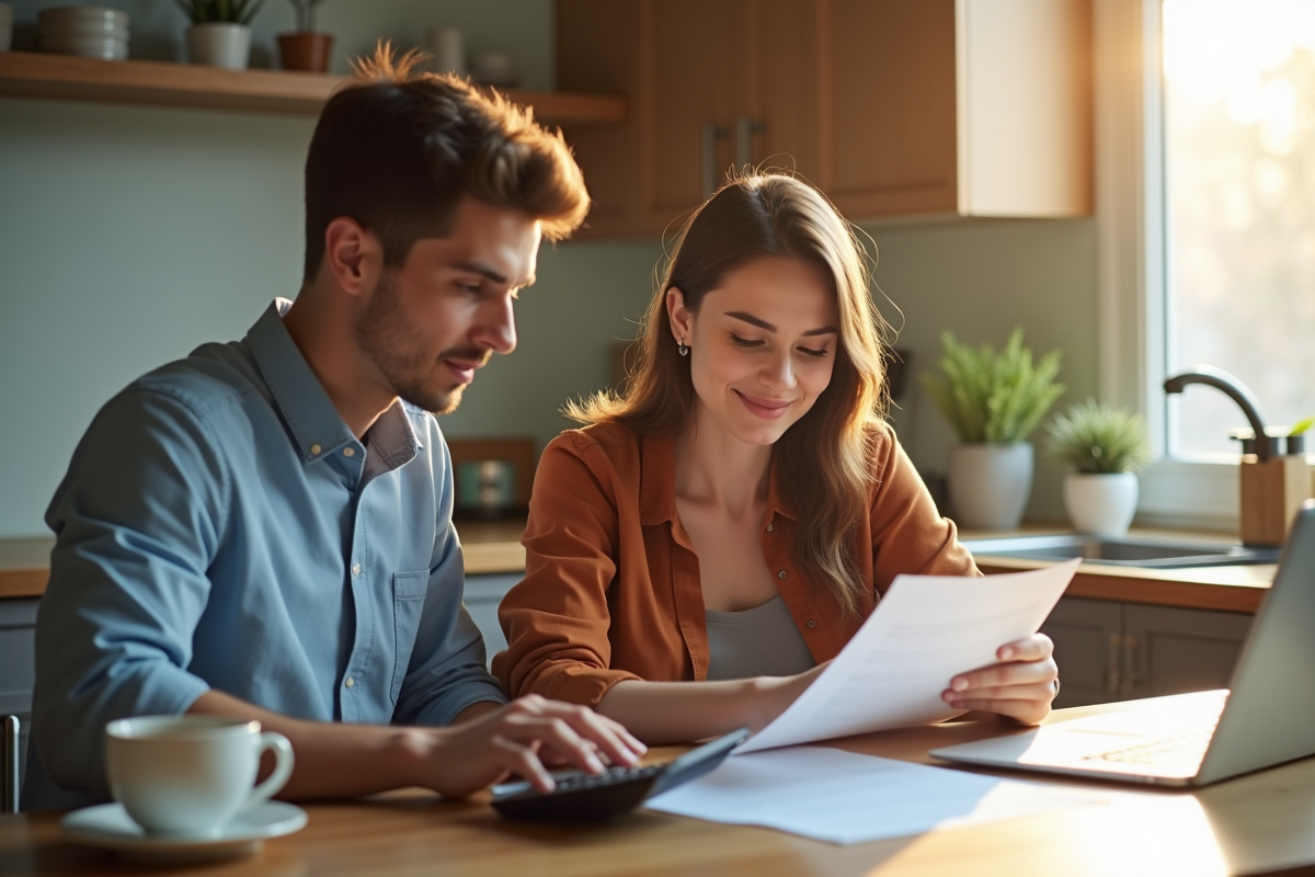 Jeune couple à la maison examine des documents de prêt immobilier