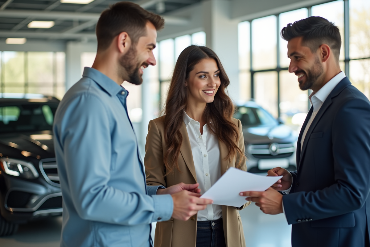 Jeune couple consultant avec vendeur dans un showroom lumineux