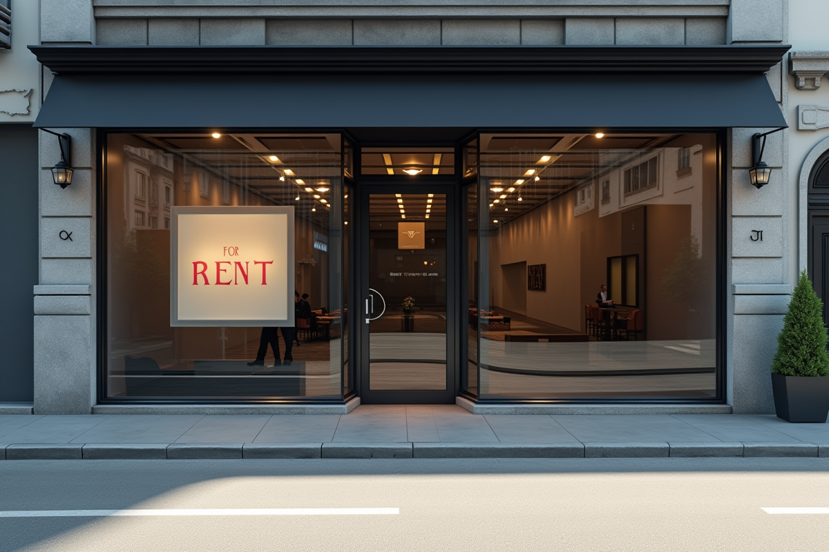 Vitrine d’un local commercial vacant avec panneau a louer