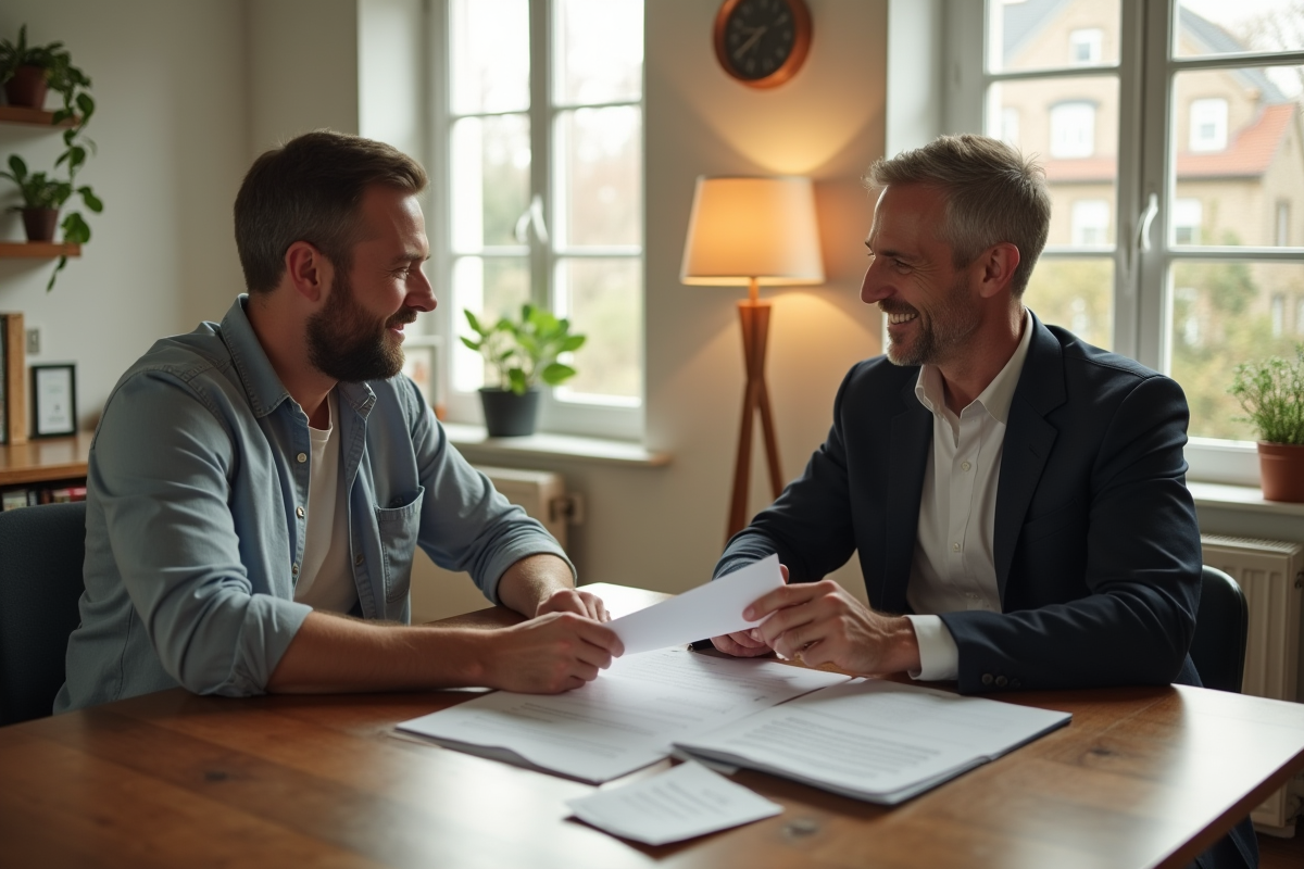 Locataire et propriétaire discutent du contrat de location dans une pièce lumineuse