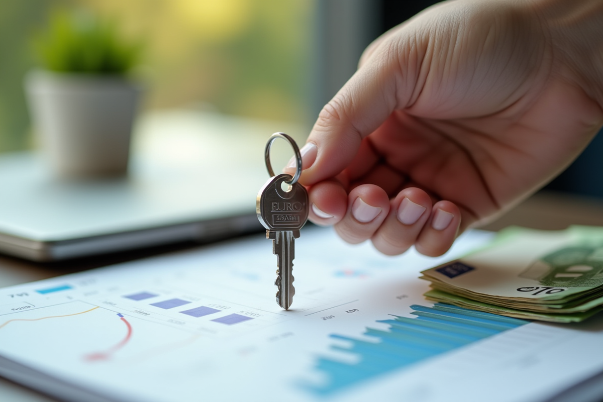 Main tenant une clé de maison sur des billets et un tableau financier