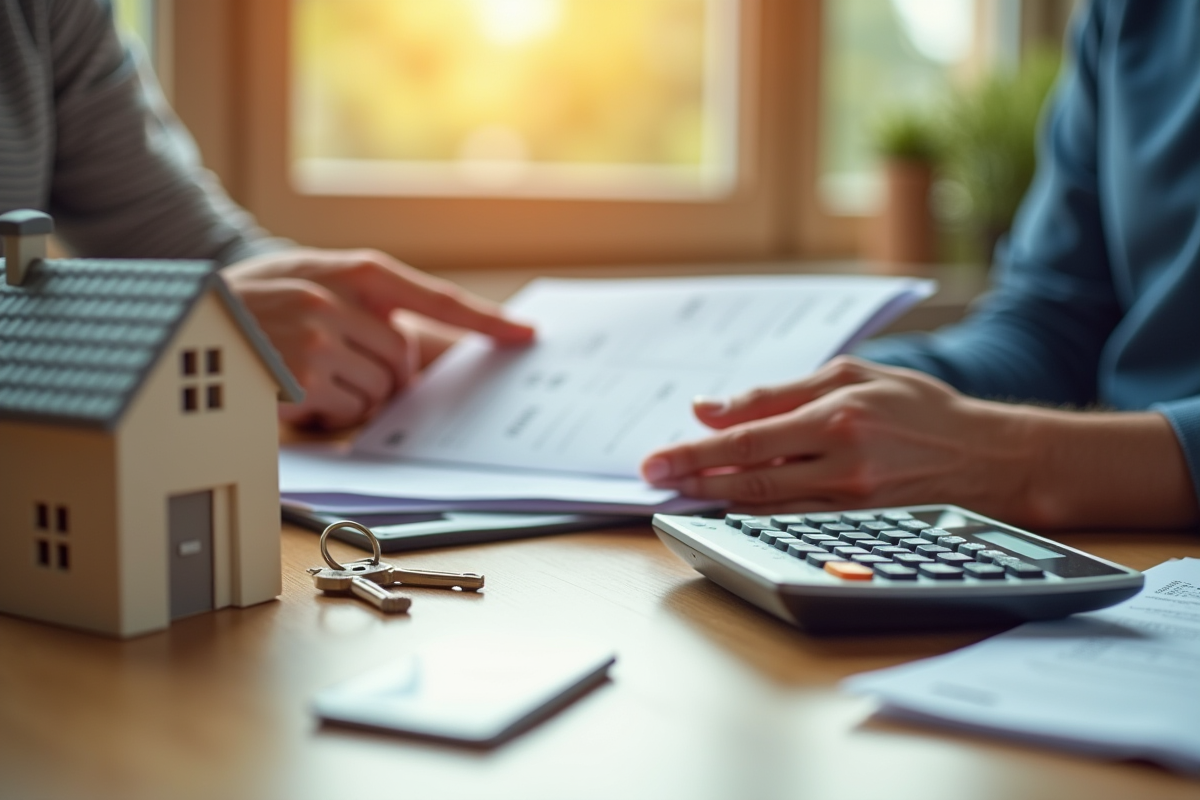 Mains échangeant un courrier avec calculatrice et maison en fond