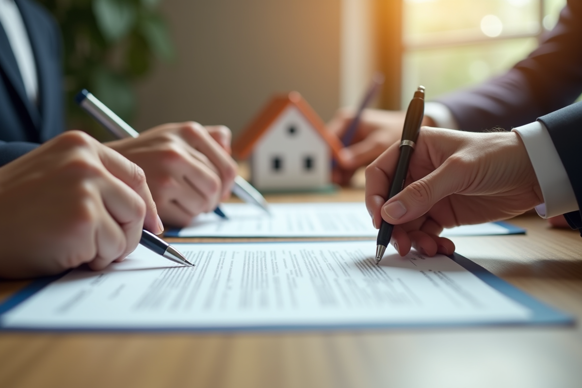 Mains de plusieurs personnes sur un contrat immobilier avec une maison miniature