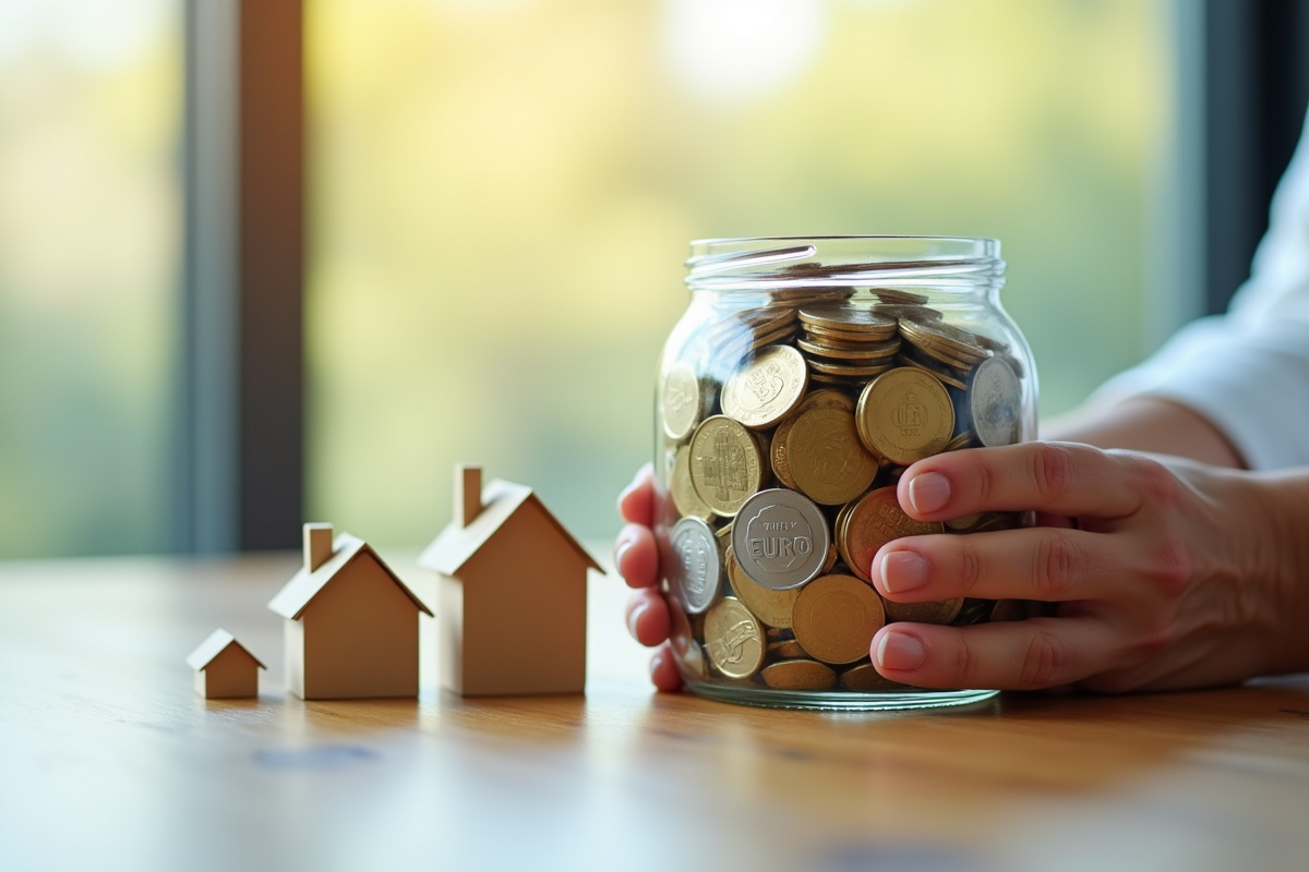 Mains tenant un bocal avec pièces d euro et petites maisons