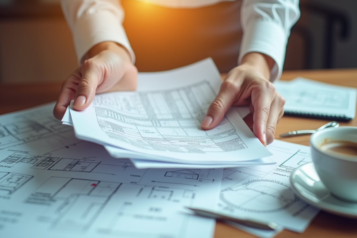 Mains tenant des papiers et plans architecturaux sur une table en bois