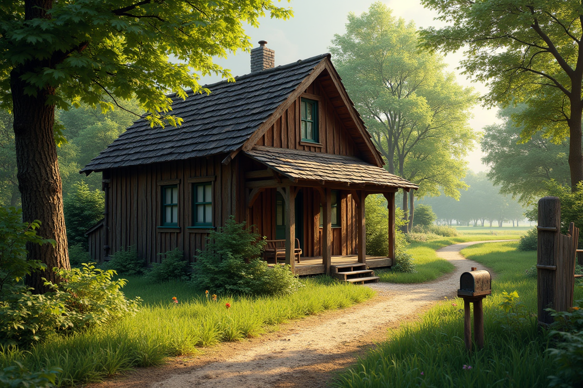 Cabane de campagne entourée de verdure avec boîte aux lettres rustique