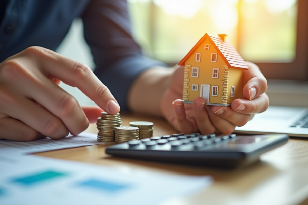 Mains tenant une maison miniature et une calculatrice sur un bureau