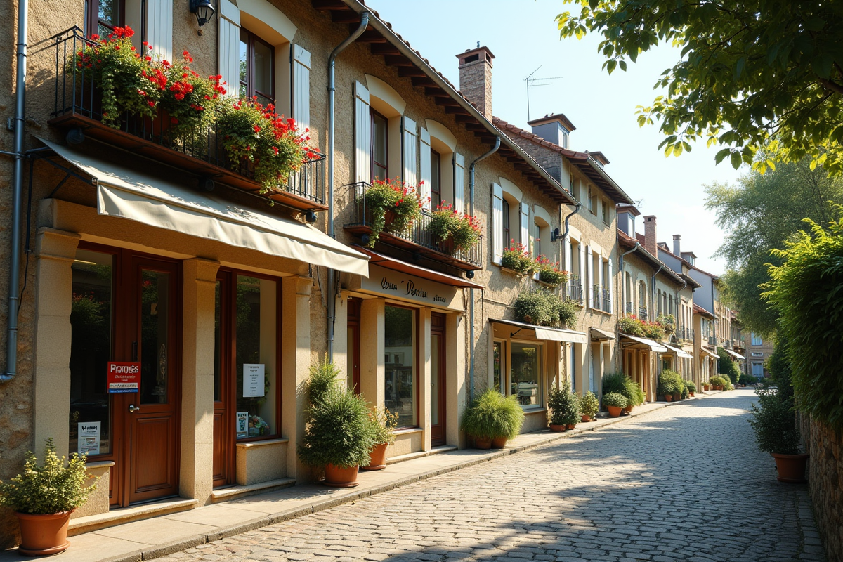 Charmantes maisons en pierre avec balcon fleuri en France