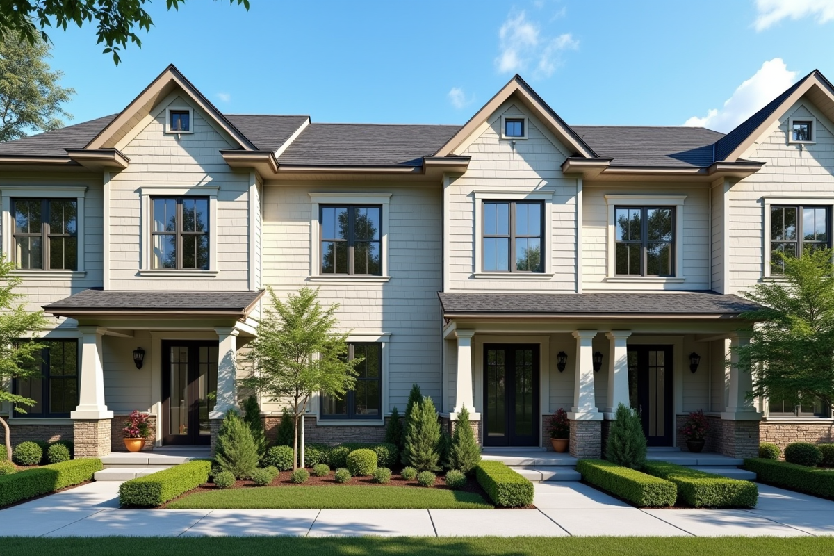 File de maisons de ville rénovées avec jardins bien entretenus