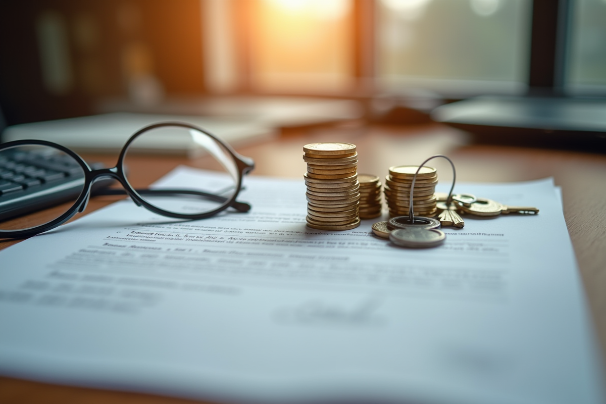 Pièces de monnaie et clés de maison sur un contrat signé