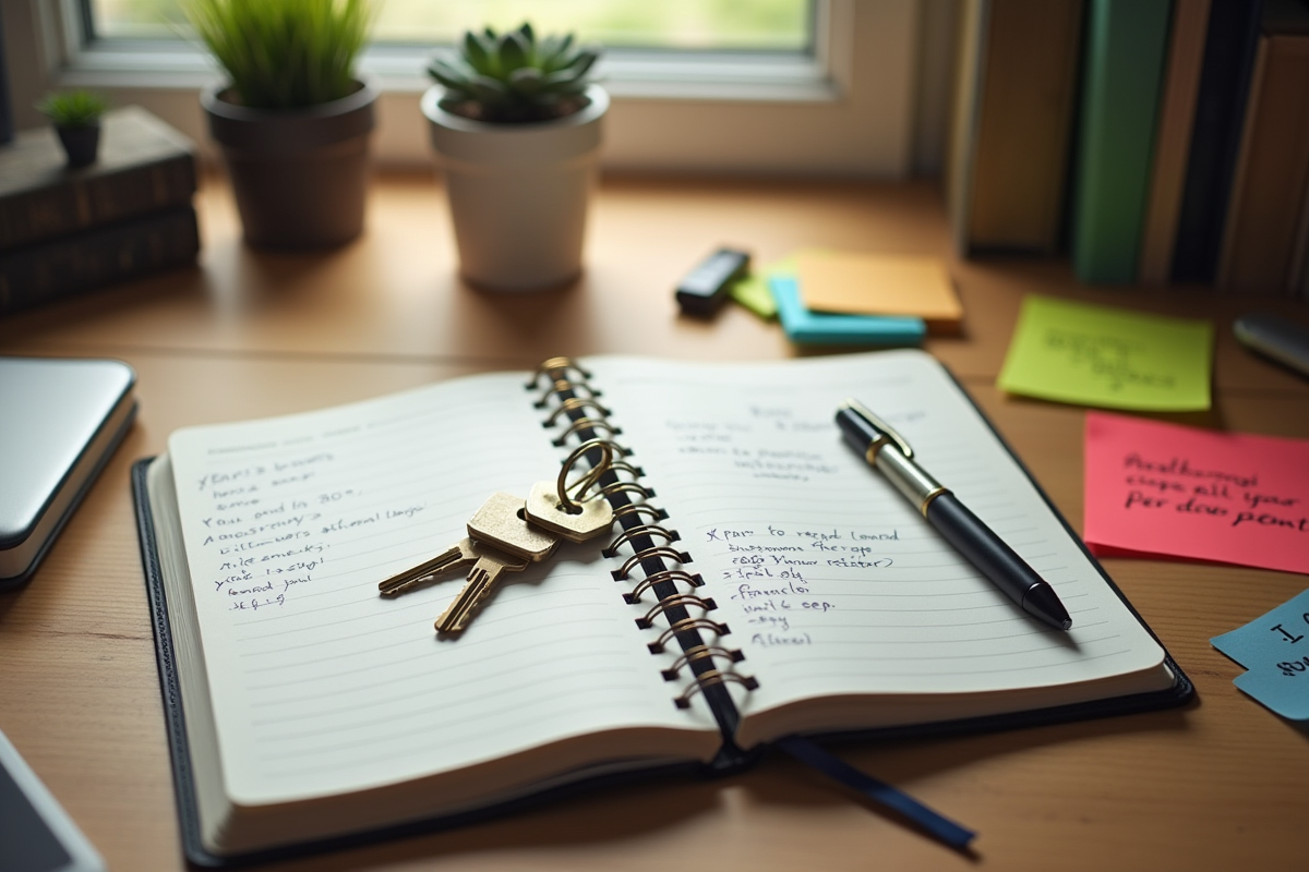 Carnet ouvert avec notes clés et clés d appartement