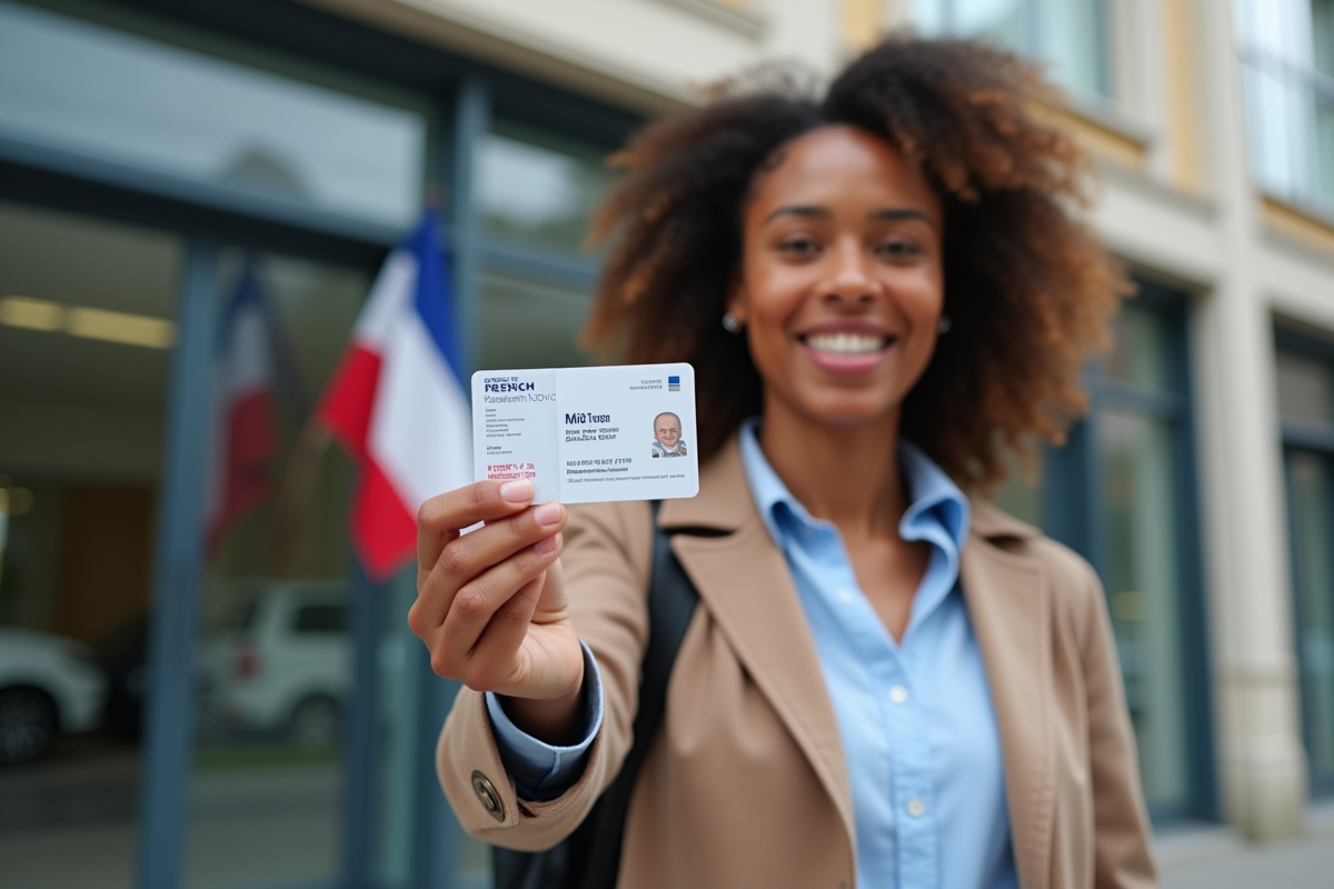 Personne souriante tenant sa carte de residence de 10 ans en France