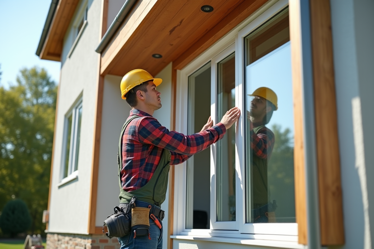 Ouvrier posant de nouvelles fenêtres sur une maison ensoleillée