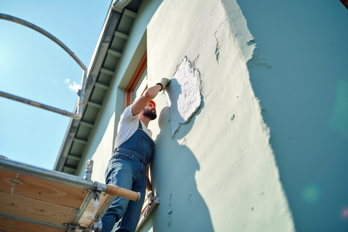 Peintre professionnel rénovant une façade de maison