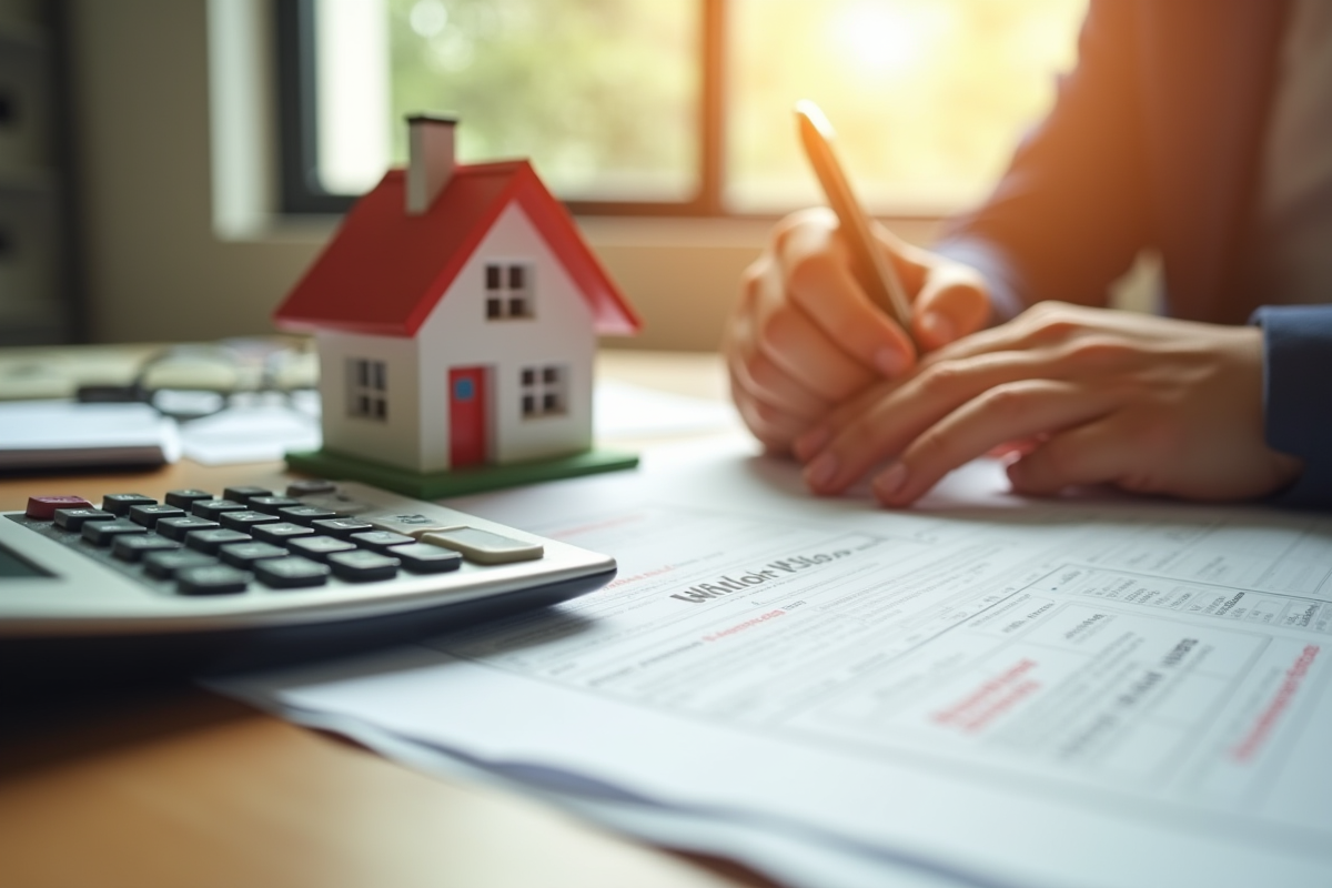 Personne à son bureau avec documents fiscaux et maison miniature