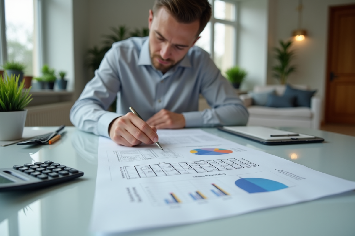 Personne organisant des factures et plans de renovation maison