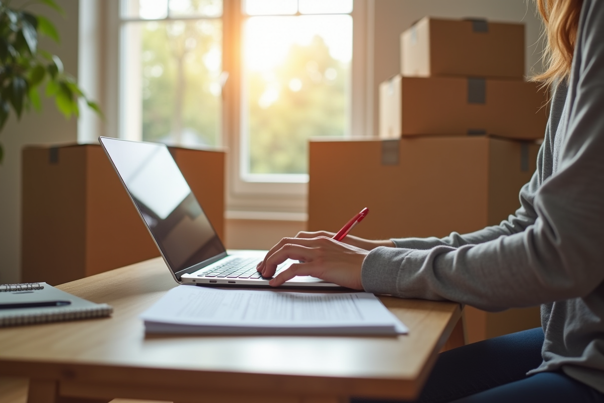 Personne remplissant formulaires logement sur un laptop