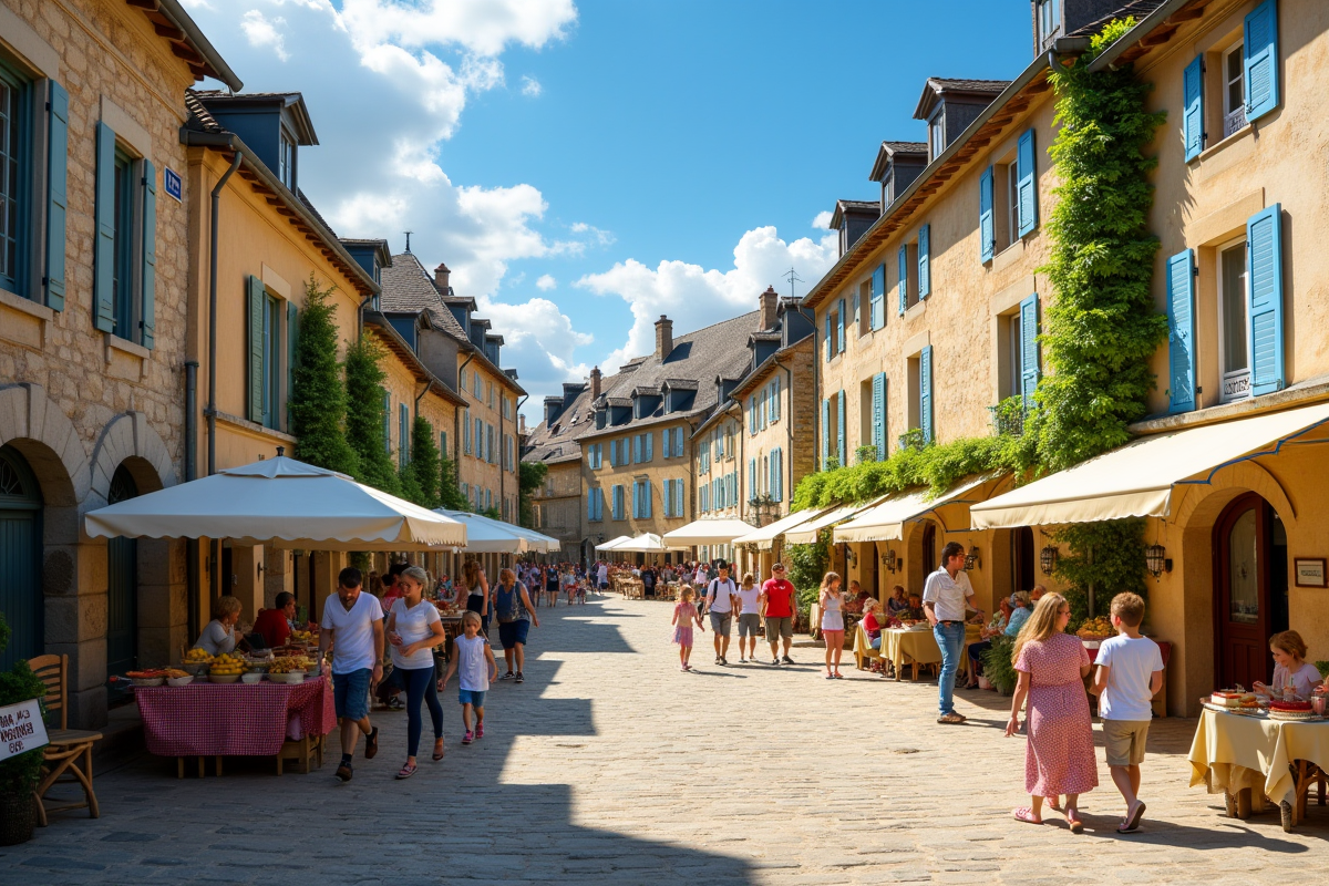 Place de village avec marché et maisons colorées en France
