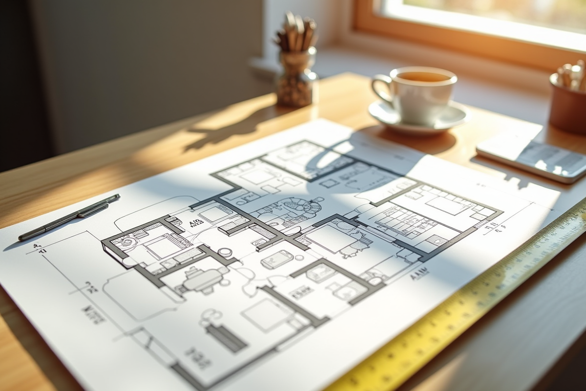 Plan d appartement détaillé sur un bureau en bois clair