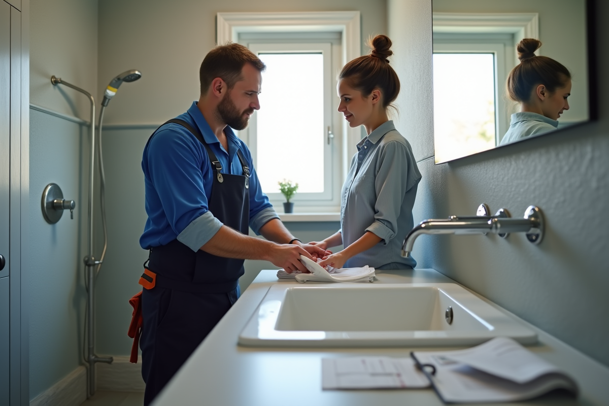 Plombier et locataire discutant d'un évier cassé dans une salle de bain moderne