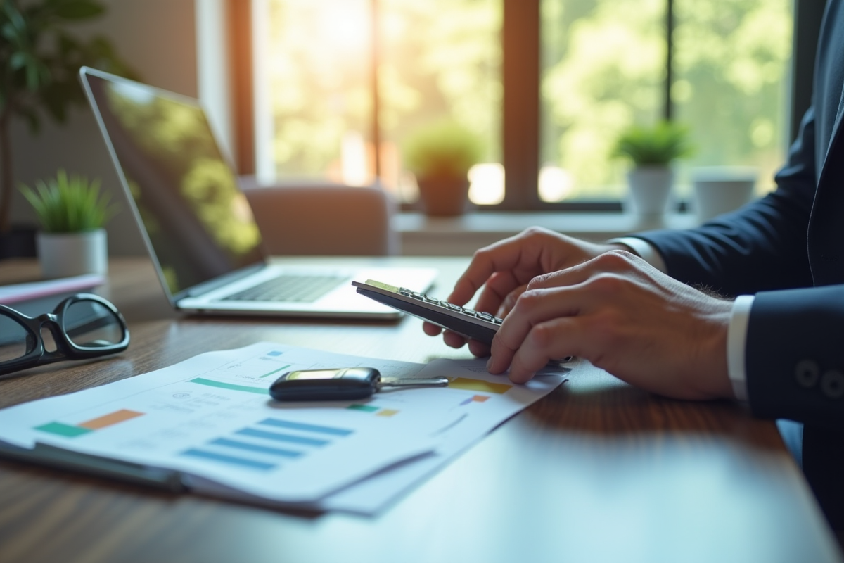 Professionnel utilisant calculatrice et ordinateur pour analyser finances