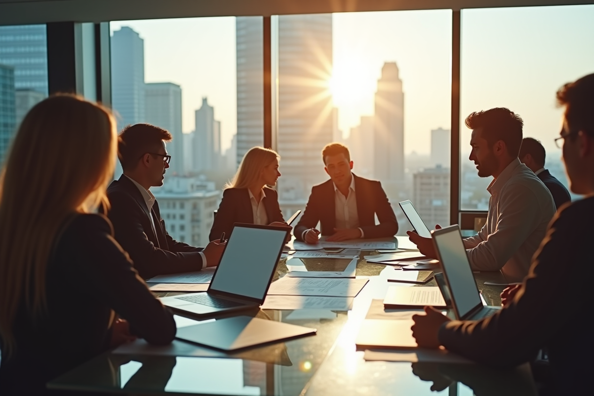 Groupe de professionnels discutant des taux de prêt immobilier