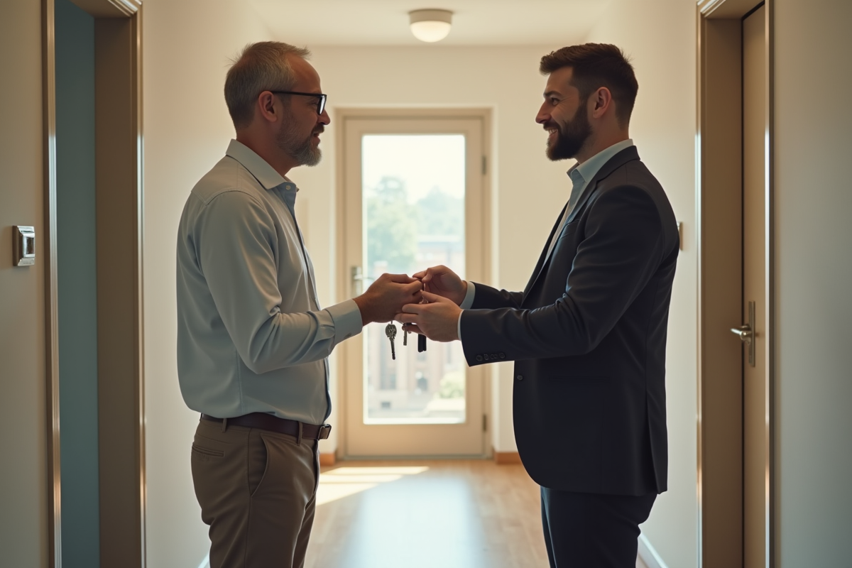 Agent immobilier remettant les clés à un nouveau locataire