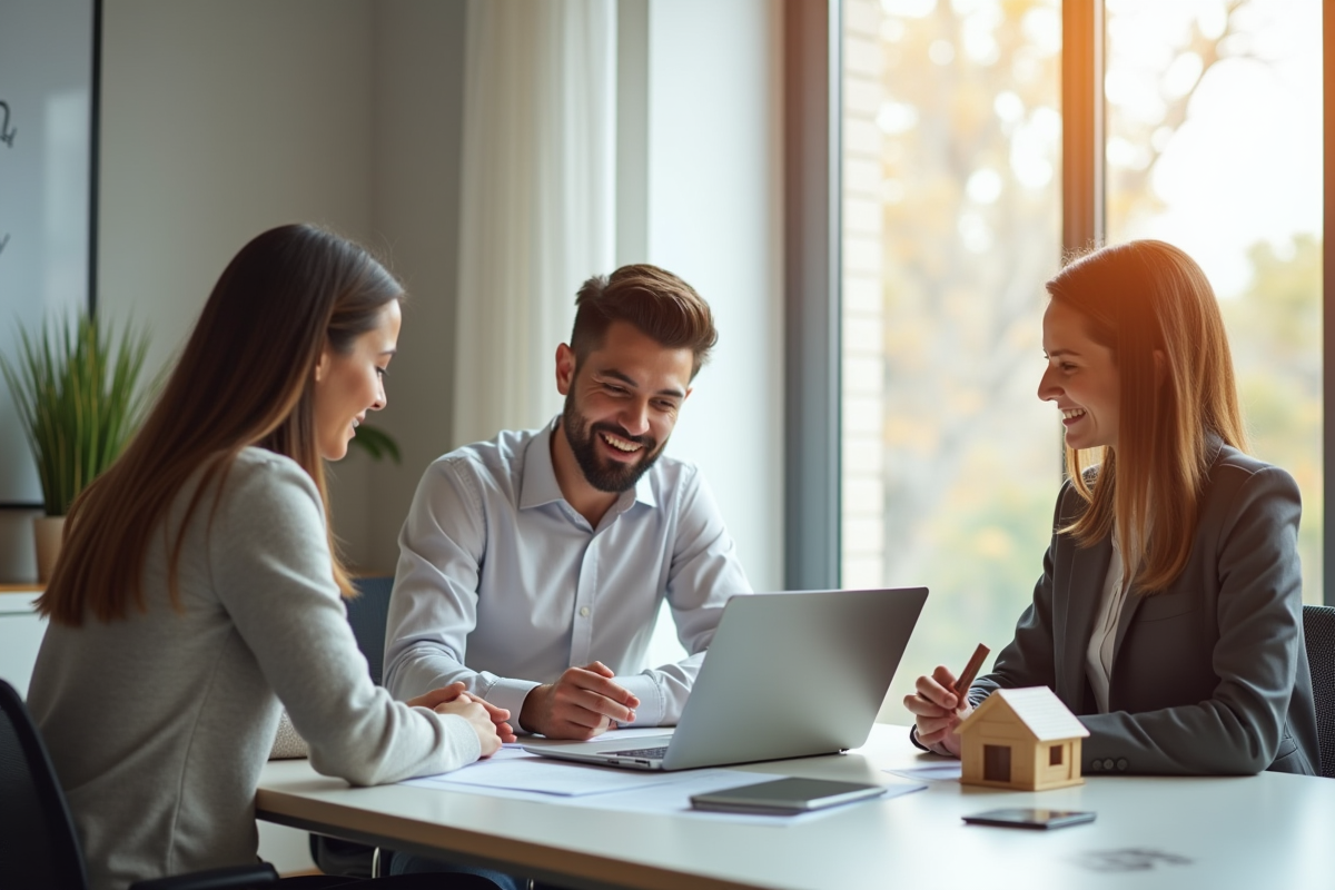 Jeune couple avec agent immobilier dans un bureau lumineux