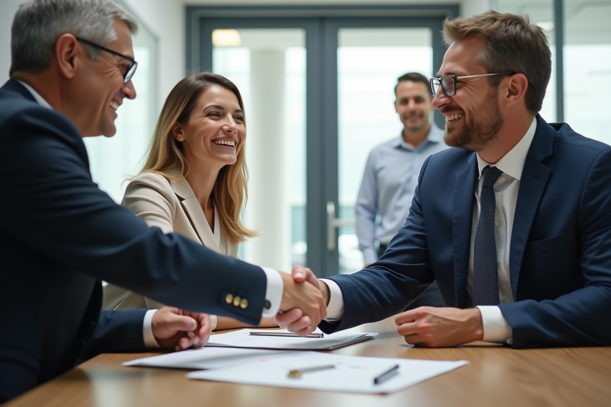 Couple souriant serrant la main d'un agent municipal dans un bureau moderne