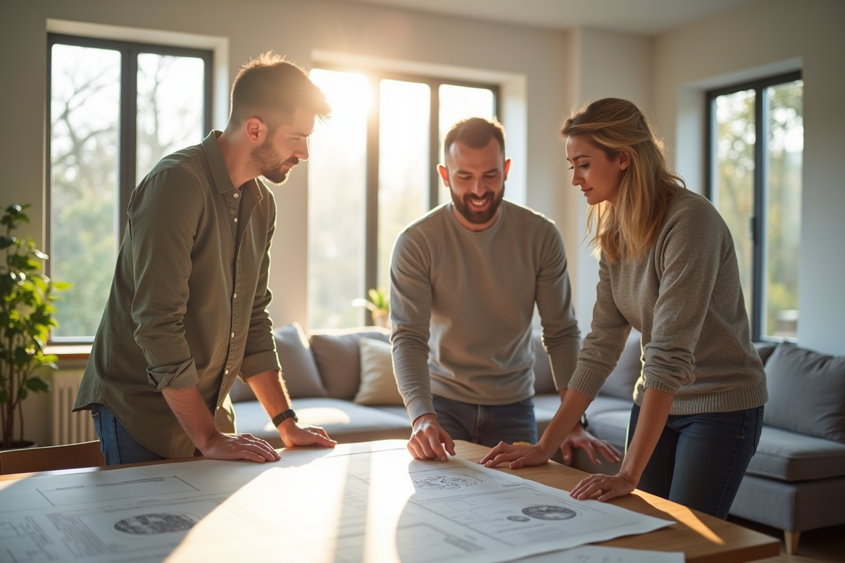 Couple de propriétaires discutant avec un architecte dans un appartement rénové