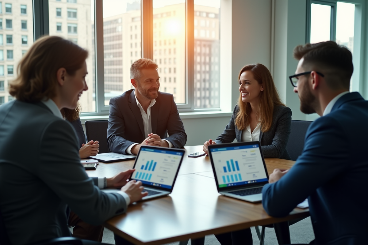 Groupe de professionnels immobiliers en réunion dans un bureau moderne