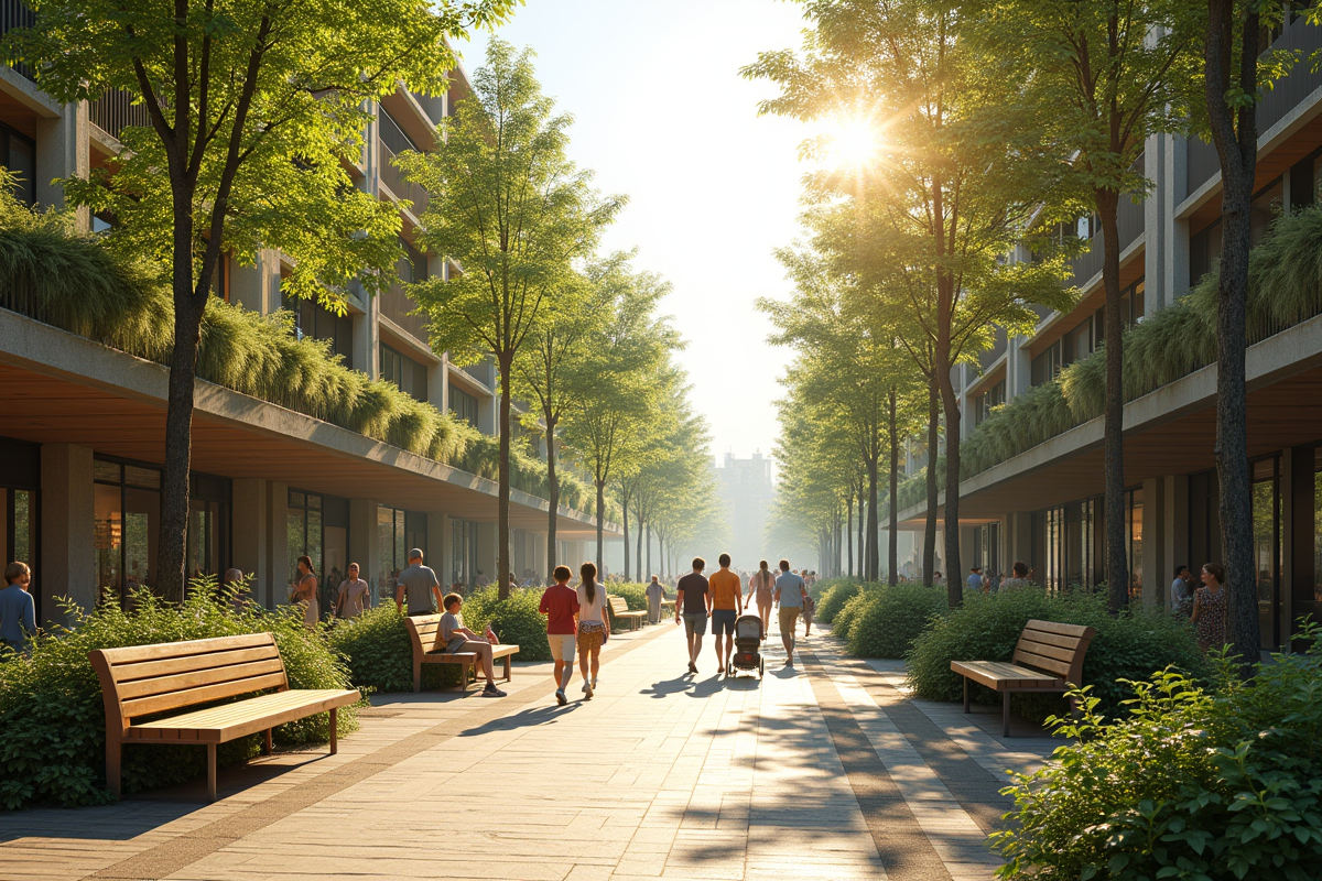 Rue piétonne paisible avec familles et jardins communautaires