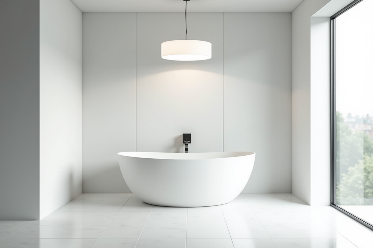 Salle de bain moderne avec baignoire blanche et éclairage LED