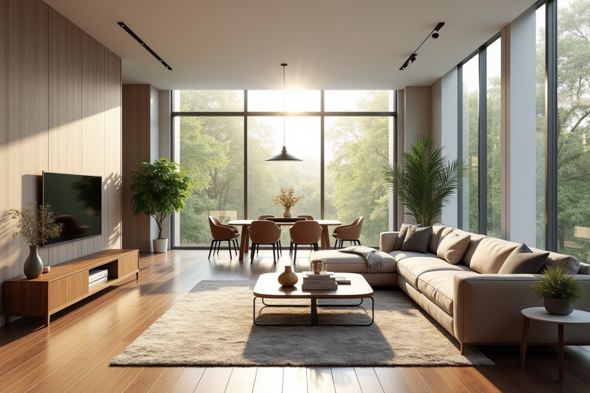 Salon moderne avec grandes fenêtres et mobilier contemporain