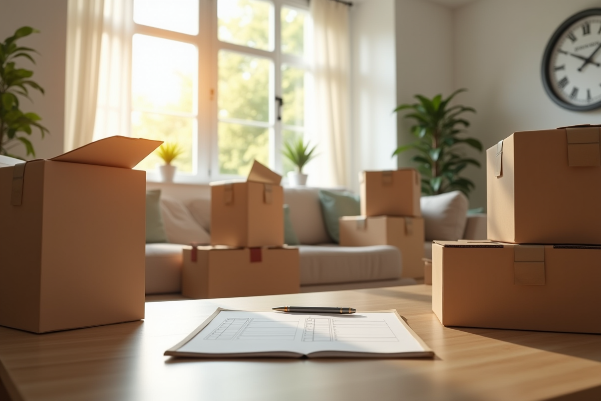 Salon organisé avec cartons et checklists pour déménagement