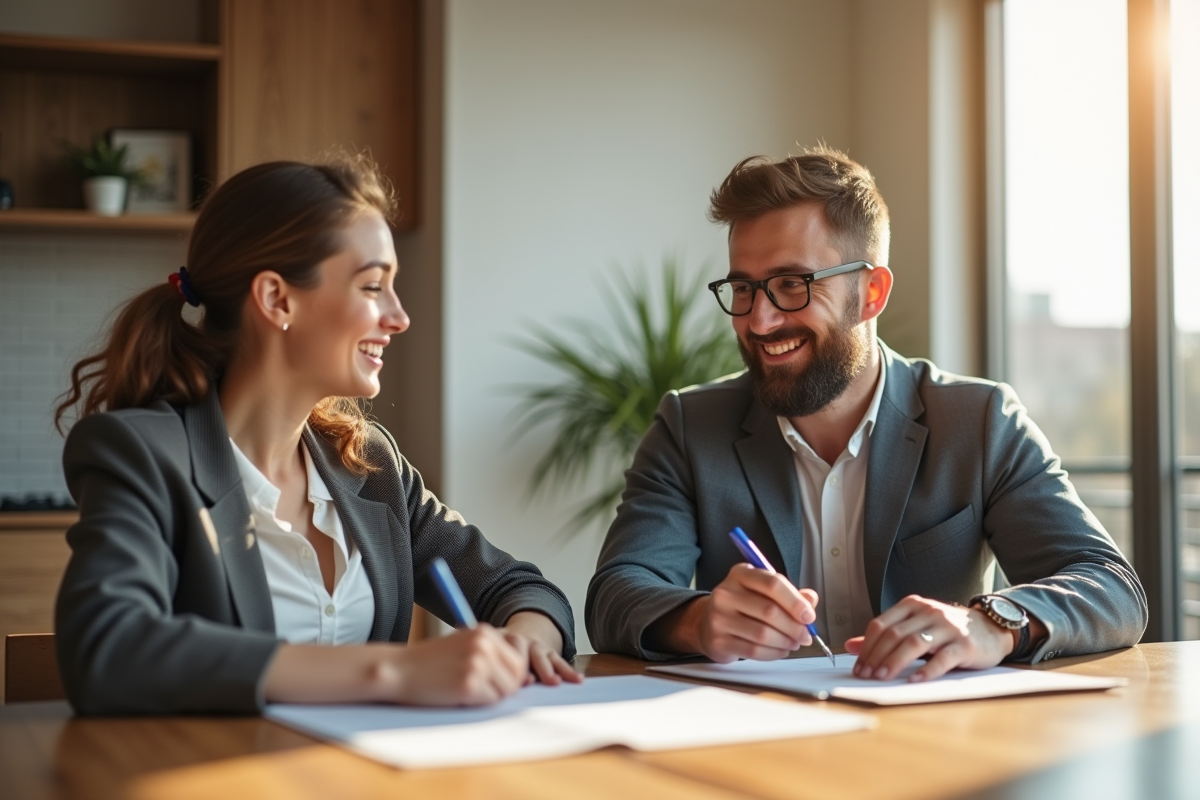 Couple signant un contrat de location dans un appartement lumineux
