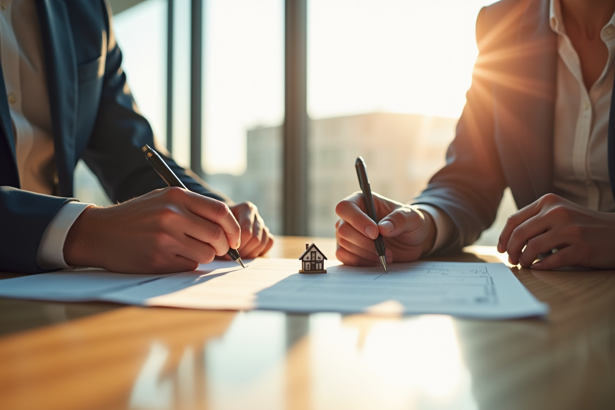 Deux personnes signant un contrat immobilier à une table lumineuse