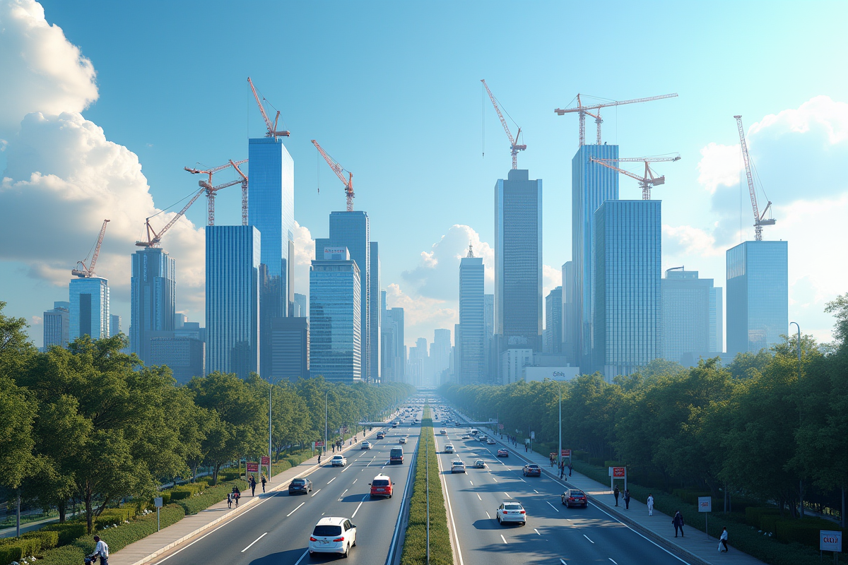 Silhouette de la ville moderne avec gratte-ciel et chantiers