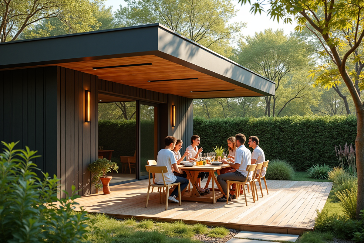 Terrasse en bois moderne avec famille profitant d'un repas en plein air